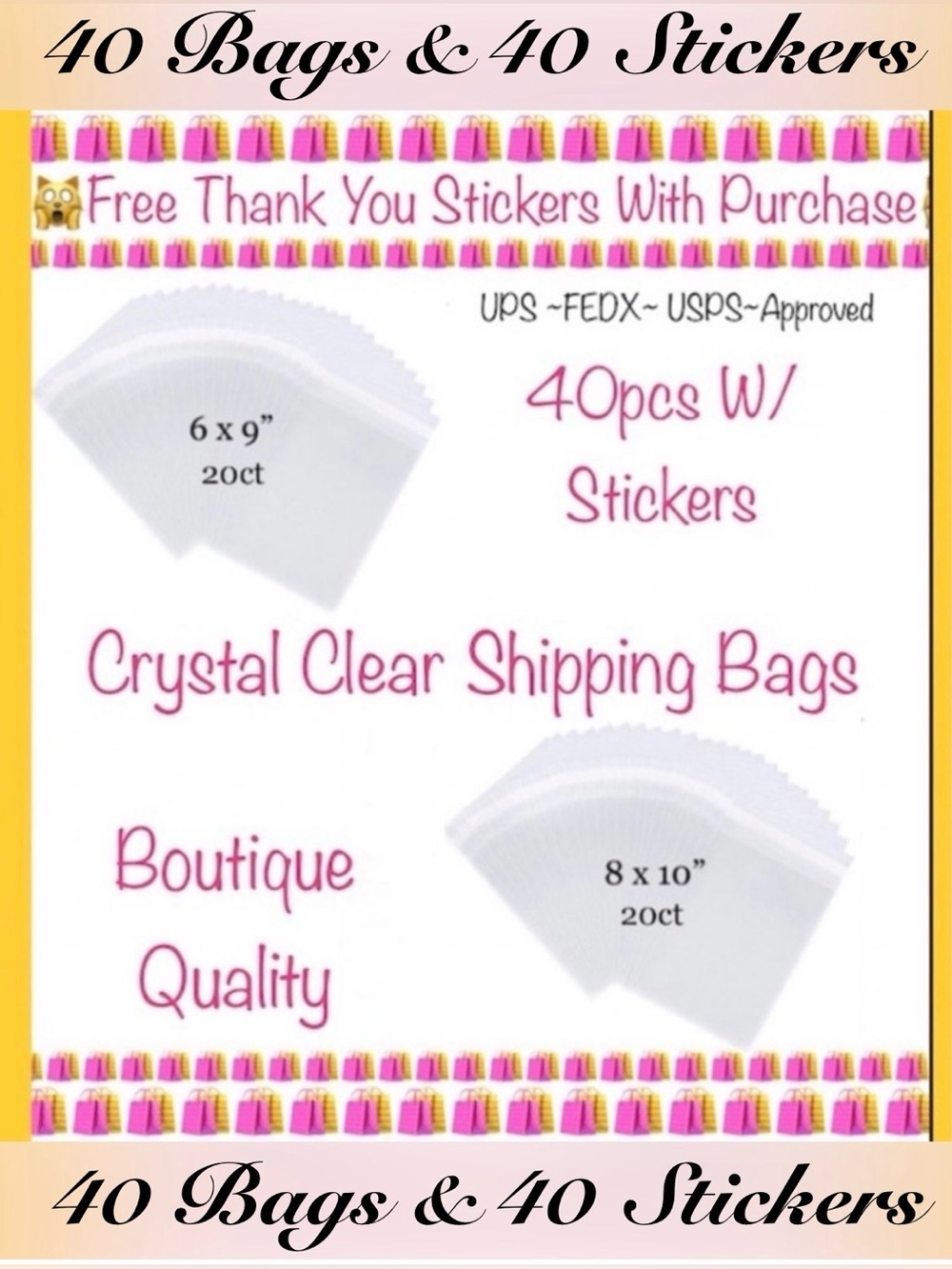 80pcs Bundle includes 20ct 6x9” & 20ct 8x10” Clear Cello Bags w/40ct Stickers 🆕